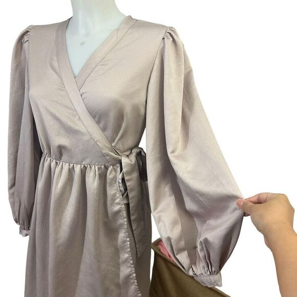 Express Pink Blush High Low Wrap Midi Dress Puff Long Sleeves size S/M - Picture 6 of 9